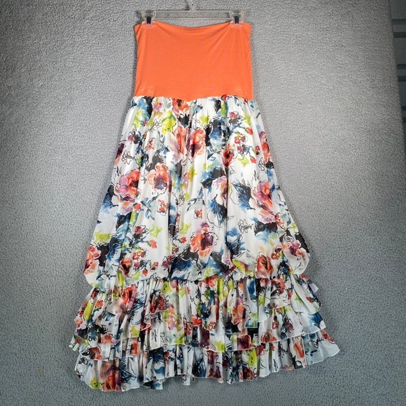 Lapis Strapless Maxi Dress Orange Top Floral Ruffle Skirt Size L - Picture 2 of 9